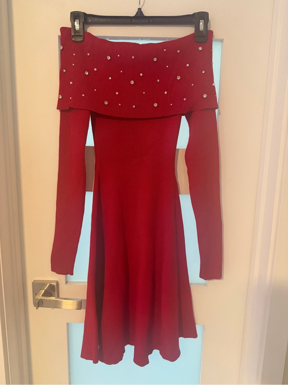 BCX Red Ribbed Knit Off-Shoulder Dress with Pearl Trim